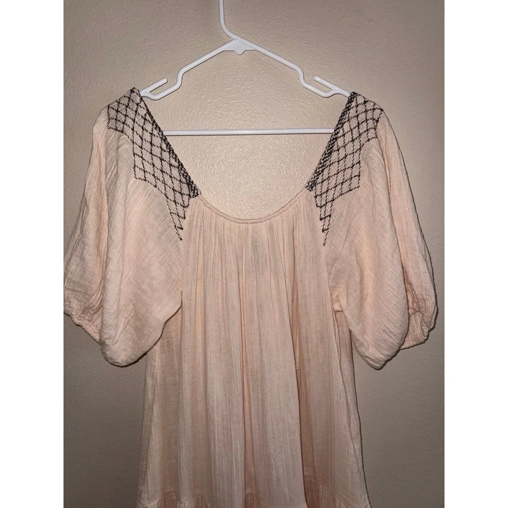 Free People NWT Ivory Boho Pheasant Dress w/ Navy Embroidery Oversized Small